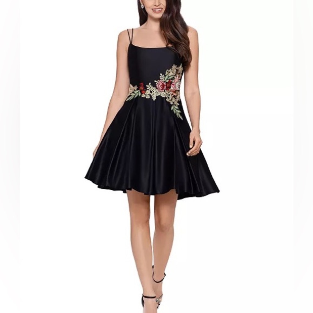 BLONDIE NITES Black Floral Embroidery Fit & Flare Party Dress Wedding Hoco Sz 13